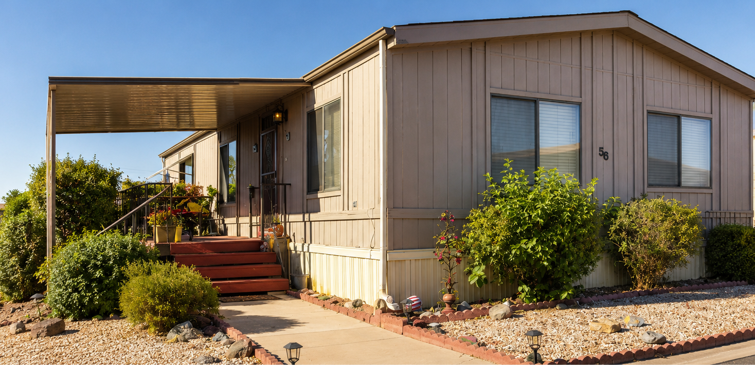 The home at Lot 56, Canyon View — a well-kept 1988 manufactured home in warm evening light